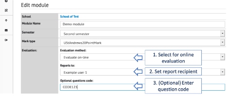 A screenshot of the Edit Module section of the Module overview with the Evaluation section highlighted